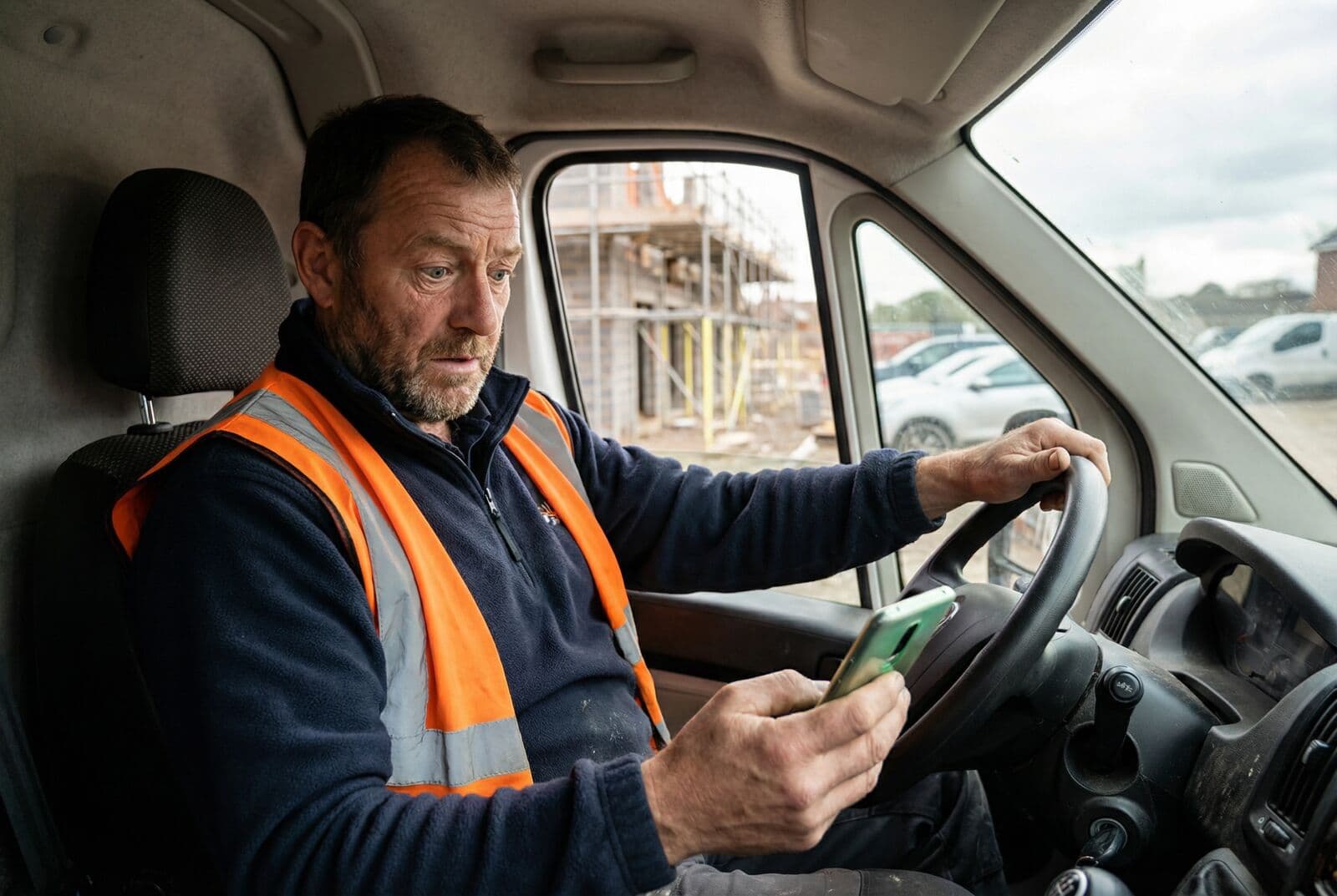Håndværker tjekker faktura på sin telefon i varevognen